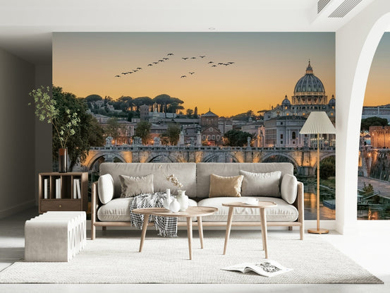 Warm color palette architectural mural paired with indoor plants in a hallway.