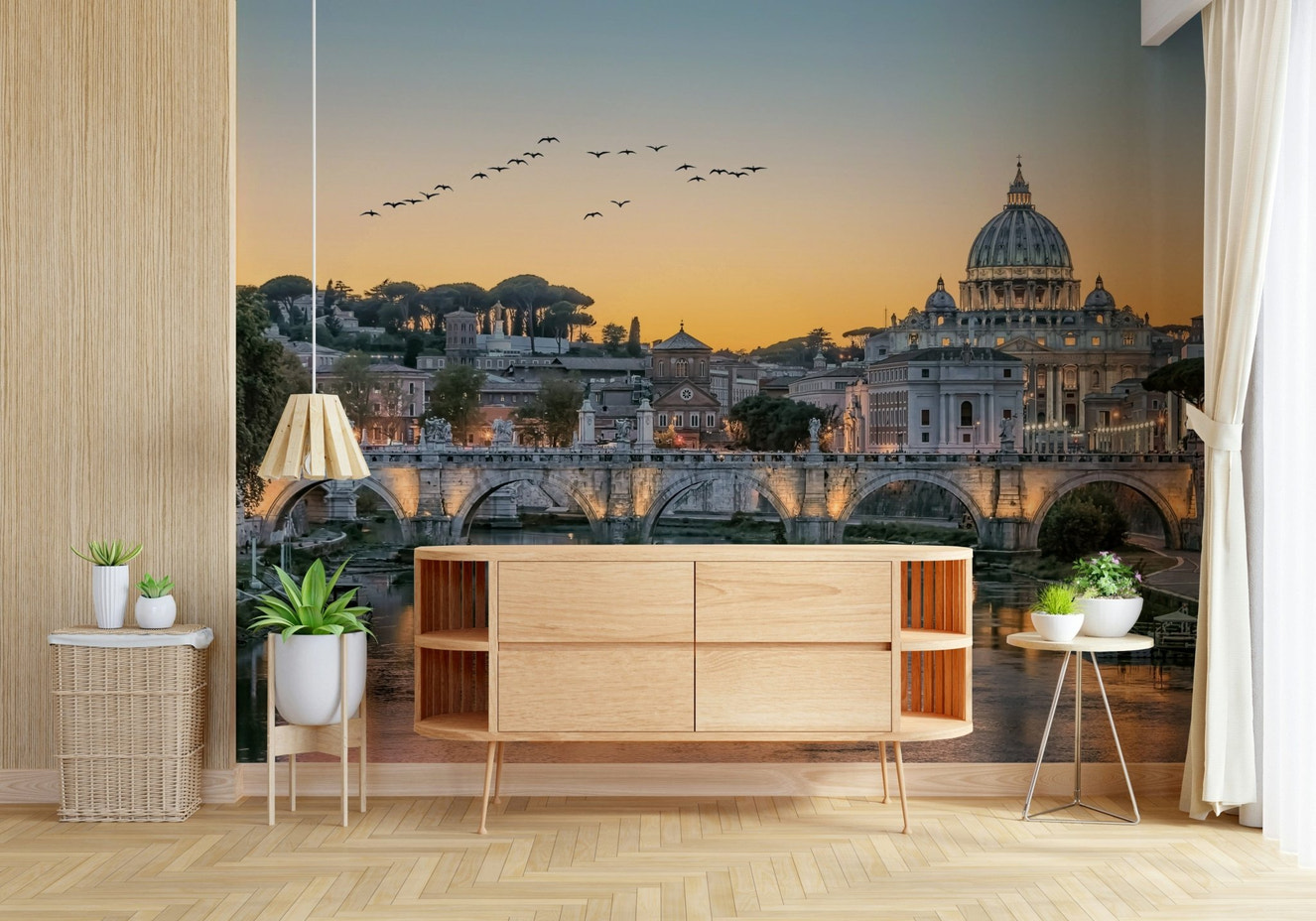 Rome's Golden Hour Wall Mural in a modern apartment living room with tan seating.