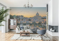 Sunset city skyline wallpaper for a minimalist bedroom feature wall.