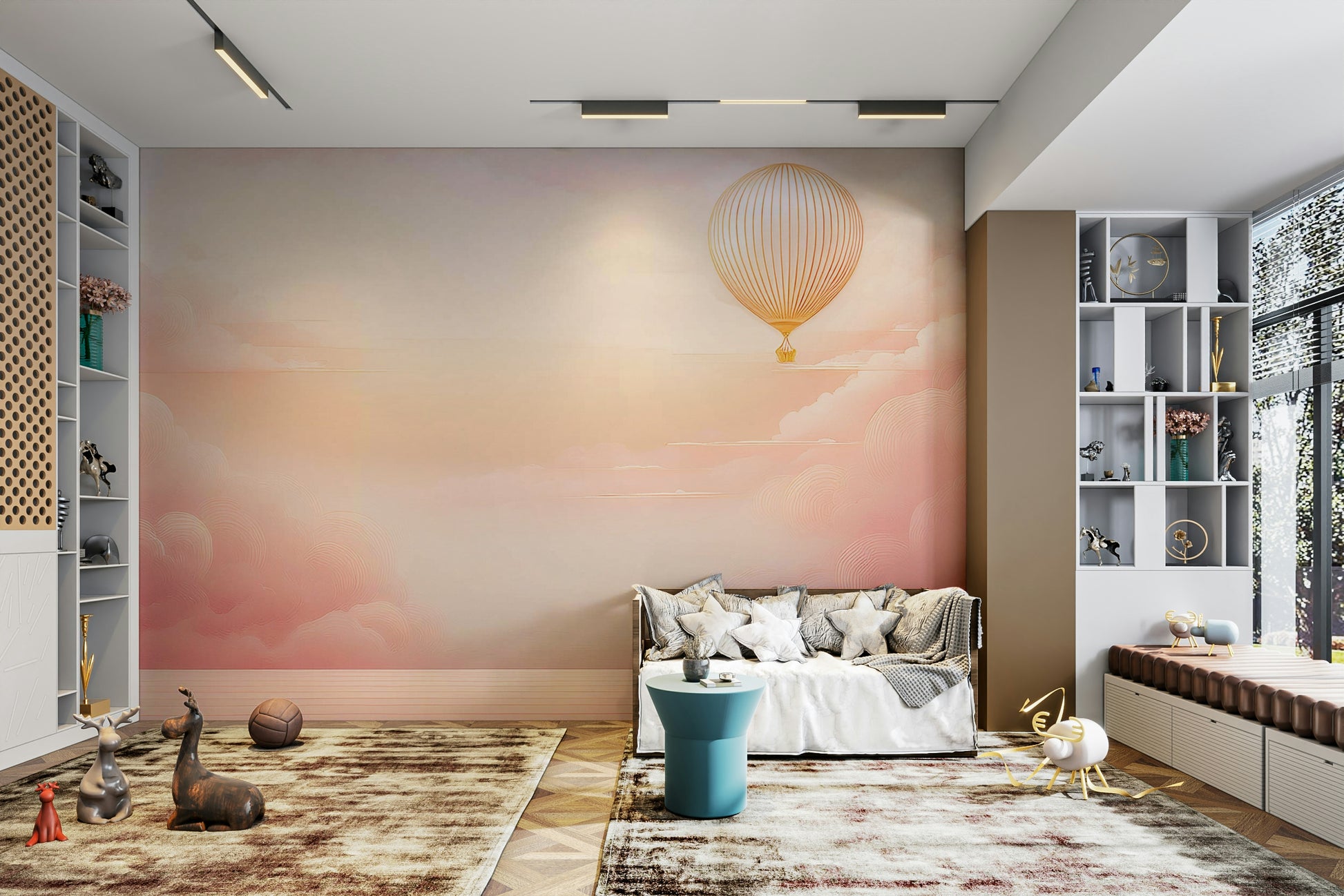 Rose Blush Sky Wall Mural in a modern apartment bedroom with soft white linens.