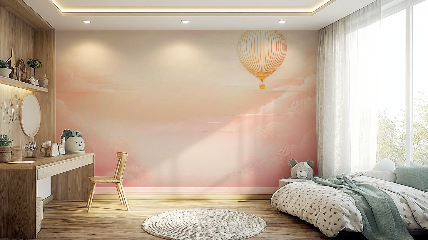 Dreamy pink cloud mural used as a backdrop in a photography studio.