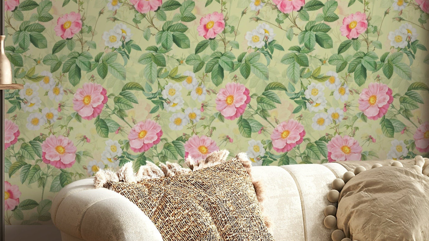 Elegant rose wallpaper mural with intricate blooms and botanical details.

