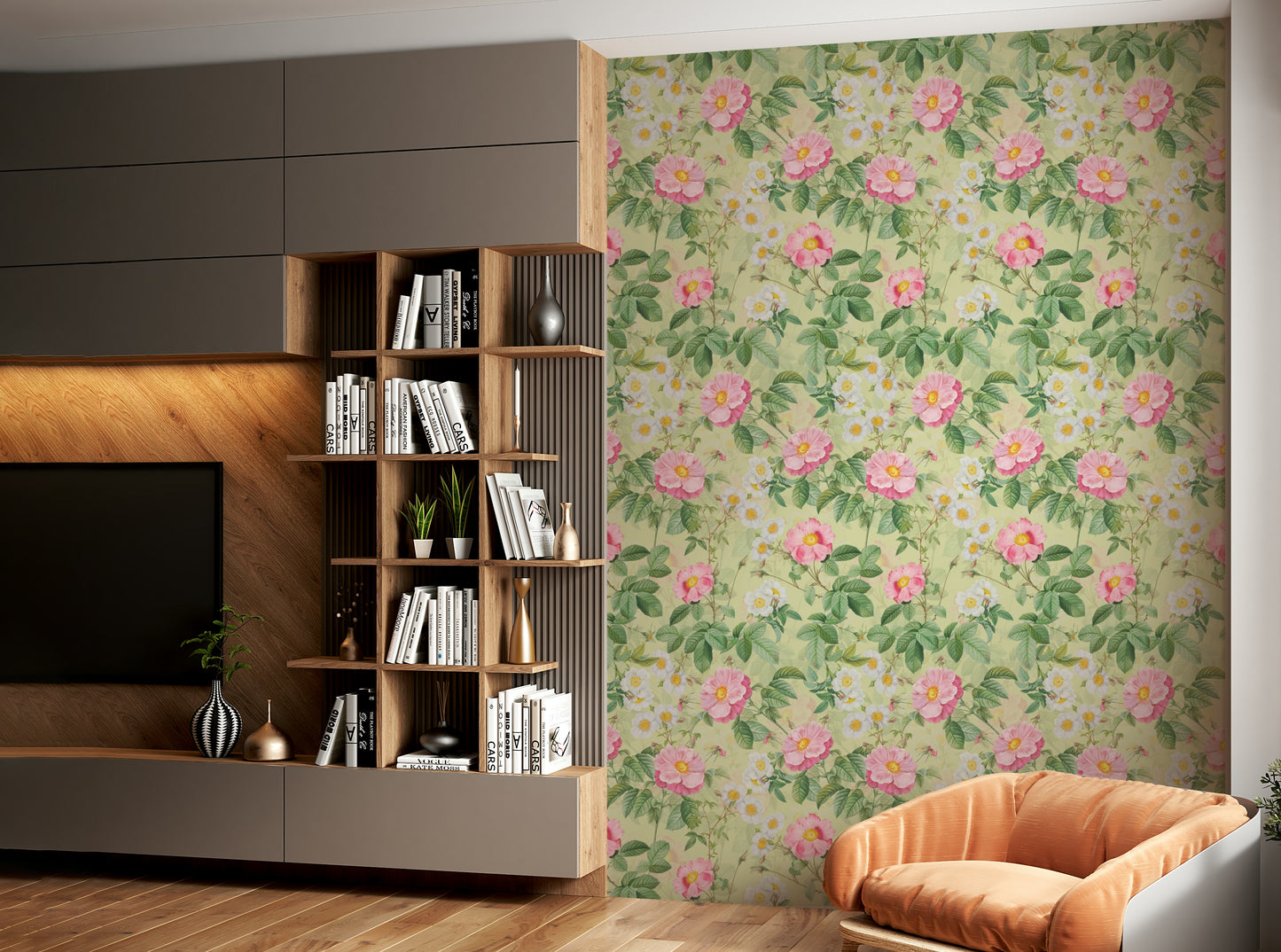 Rose Garden Reverie 1 Wallpaper with vibrant roses and delicate greenery.

