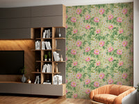 Rose Garden Reverie 1 Wallpaper with vibrant roses and delicate greenery.

