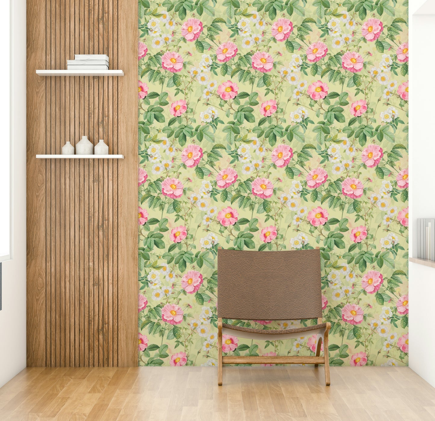 Classic floral wallpaper mural with soft, blooming roses and delicate leaves.

