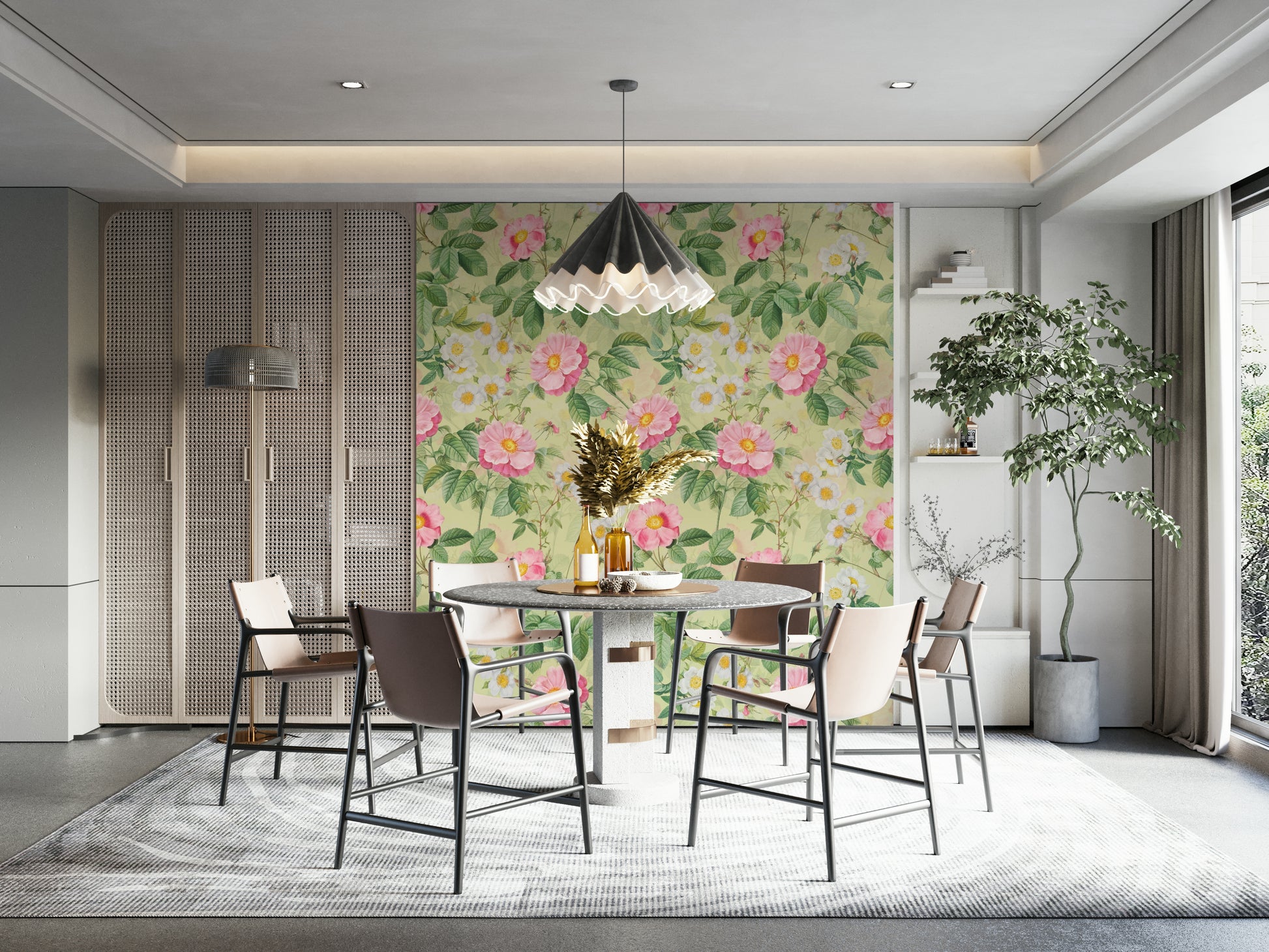 Lush floral wallpaper with vibrant roses and lush green foliage.

