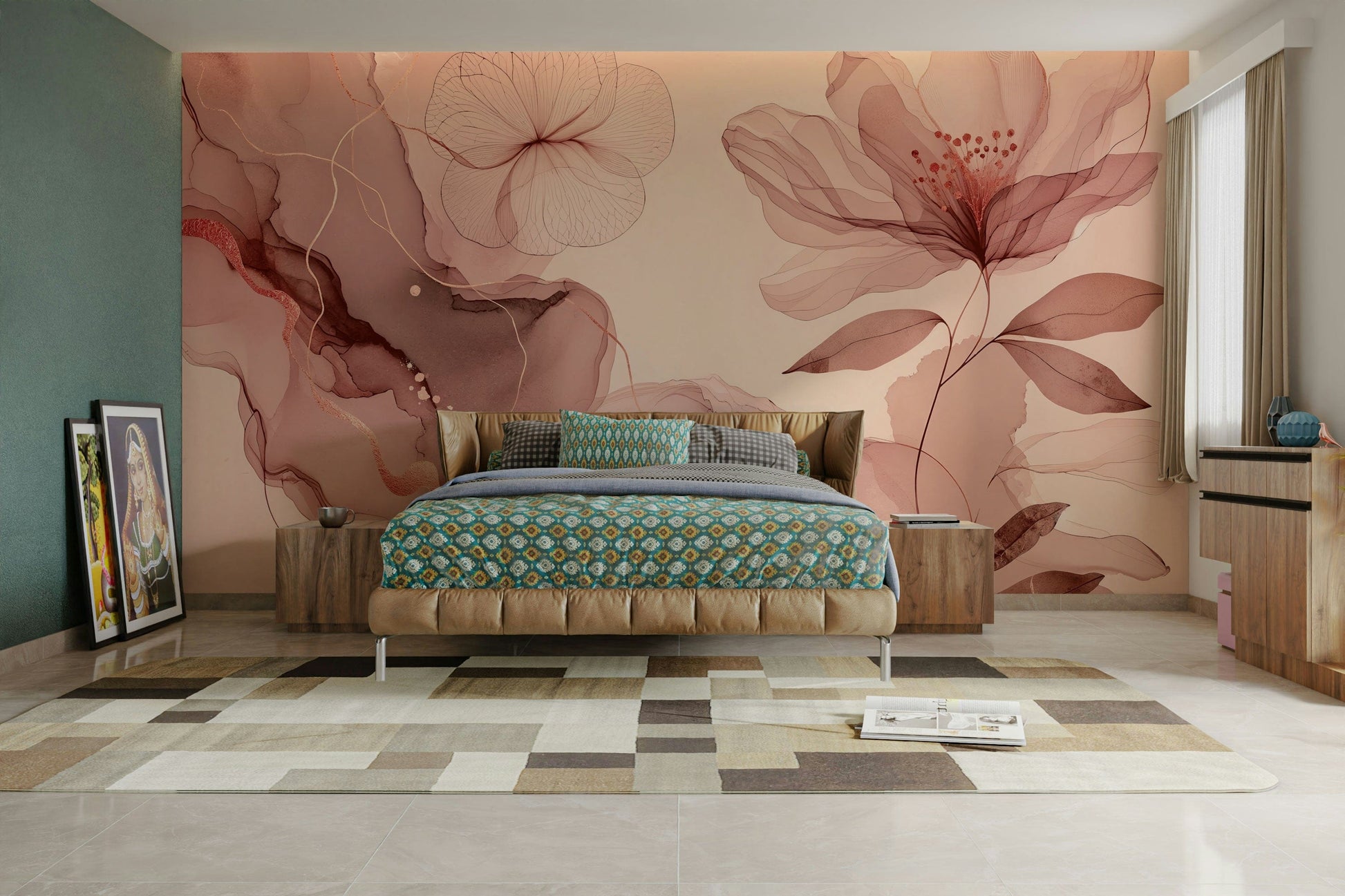 An interior view showing a wall decorated with a Dreamy Sage Garden Rose Gold Wall Mural.