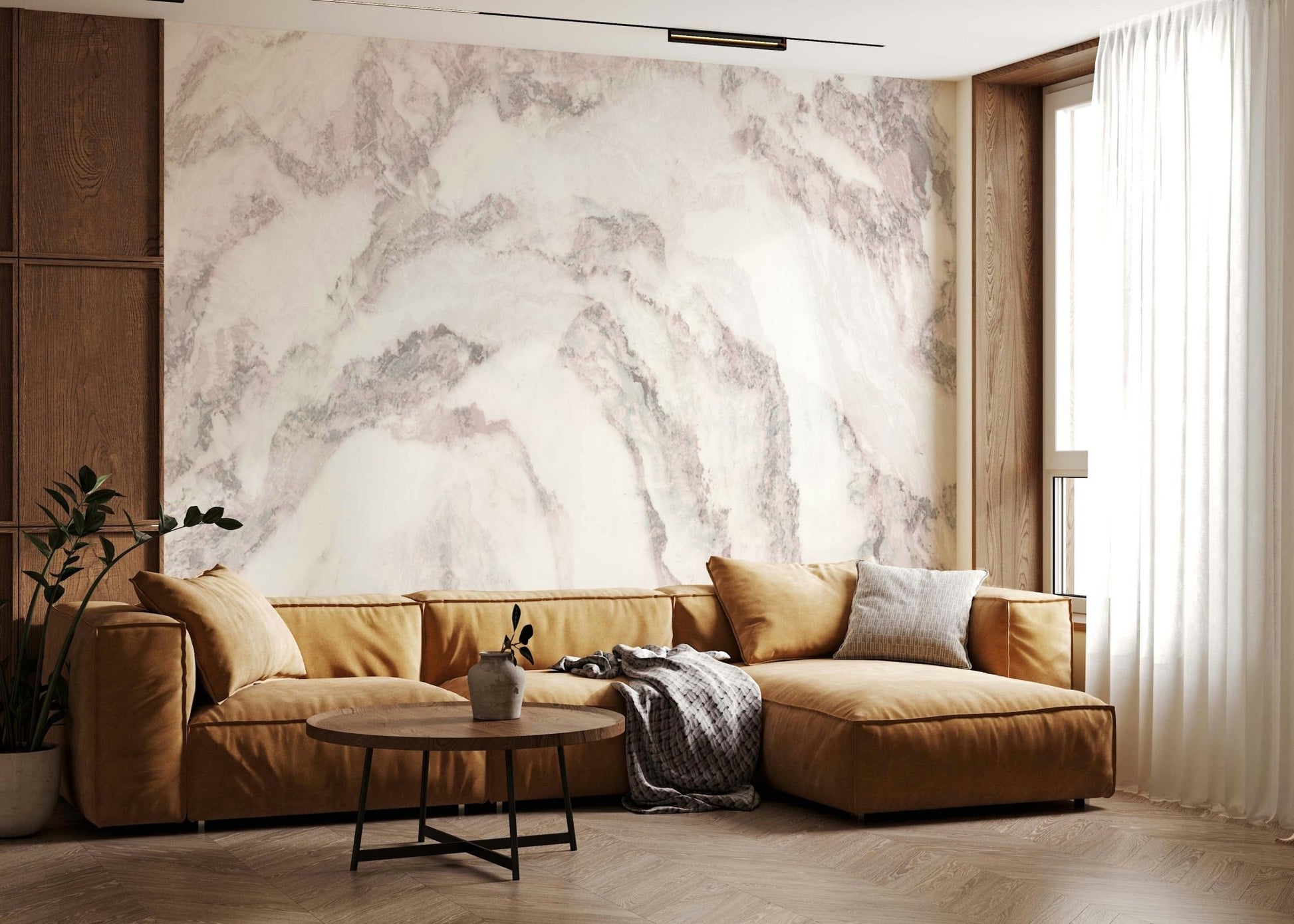 Wall mural featuring soft pink marble with flowing veining for timeless, luxurious décor.