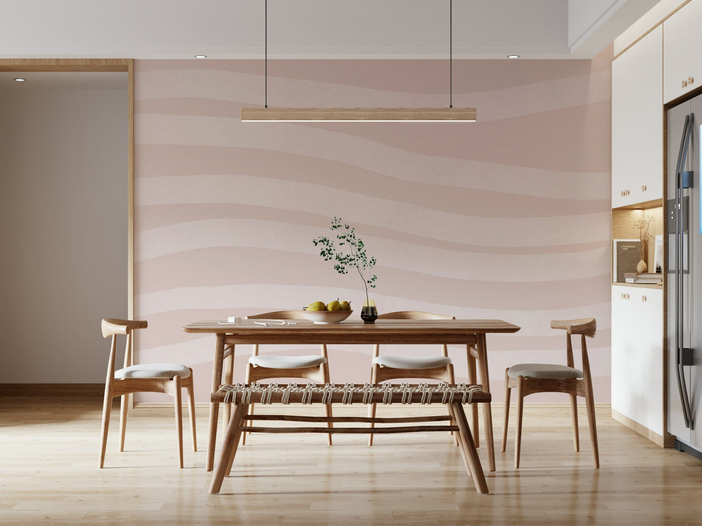 A peaceful modern abstract mural on decorative wallpaper.
