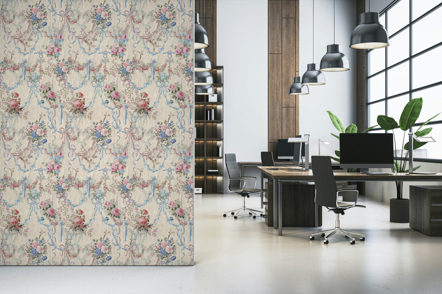 Delicate Ribbon Rose Serenade Chinoiserie pattern elegant pastel colors.