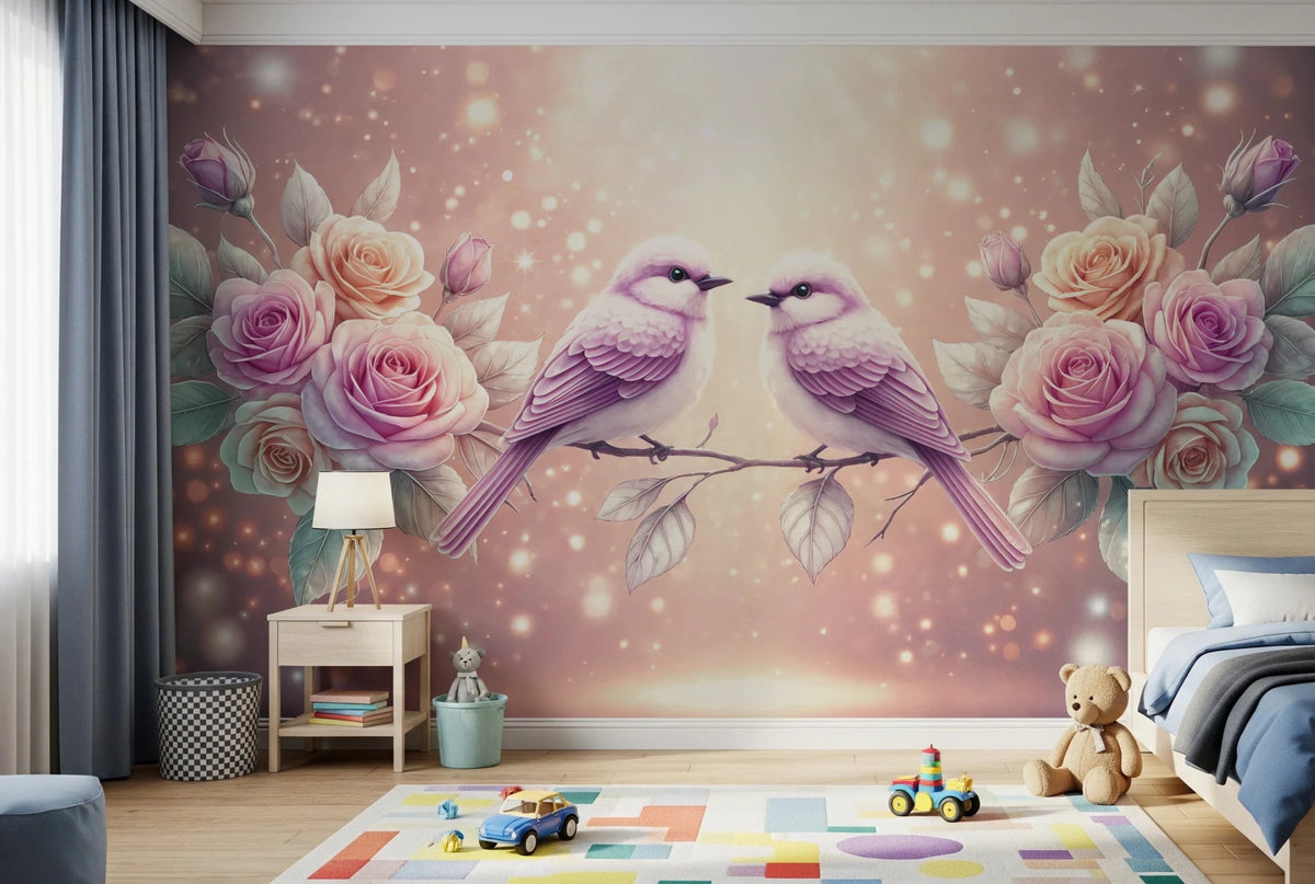 Rose & Songbirds wallpaper mural with two lavender birds and pink roses in a nursery with white crib and teddy