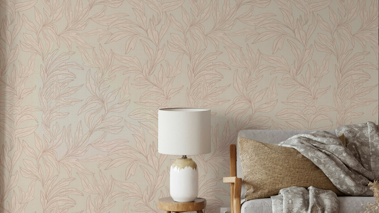 Roseate leaves wallpaper in soft pink tones

