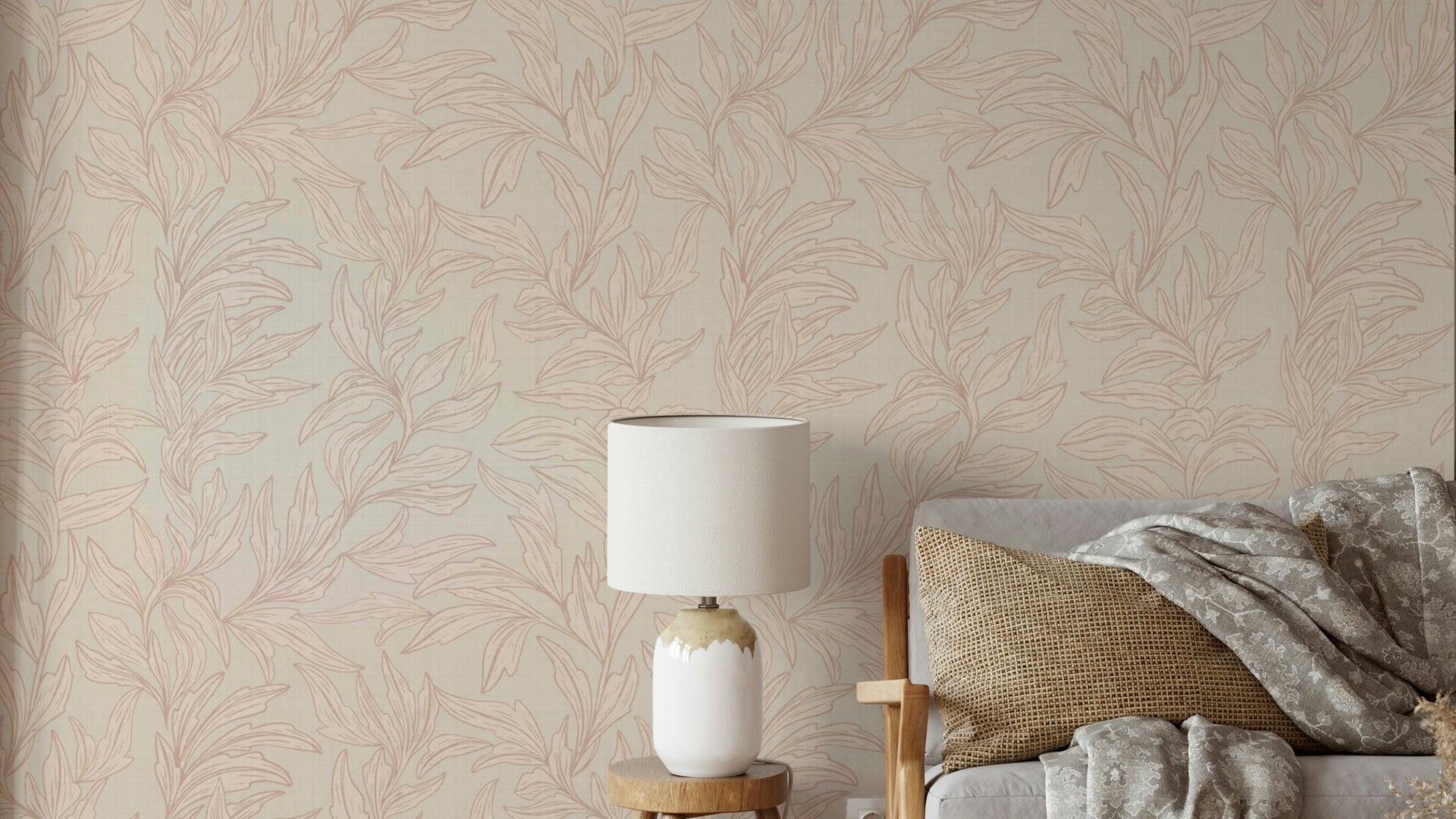 Roseate leaves wallpaper in soft pink tones

