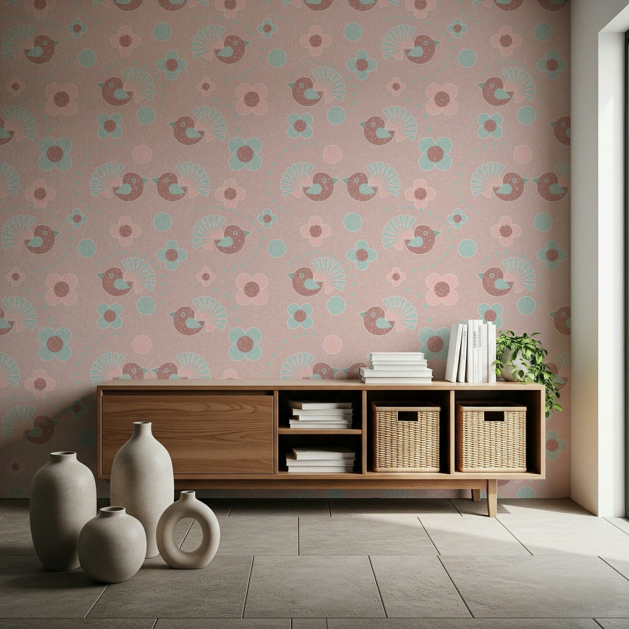 Close-up of the Rosebird Delight Wallpaper, highlighting the intricate details of the birds and roses.