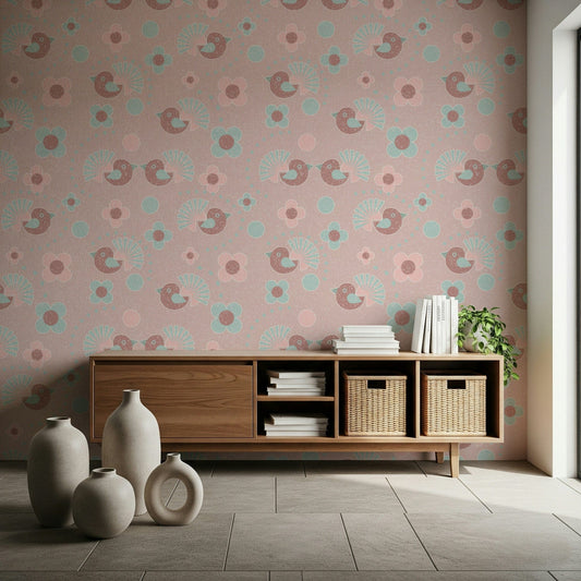 Close-up of the Rosebird Delight Wallpaper, highlighting the intricate details of the birds and roses.