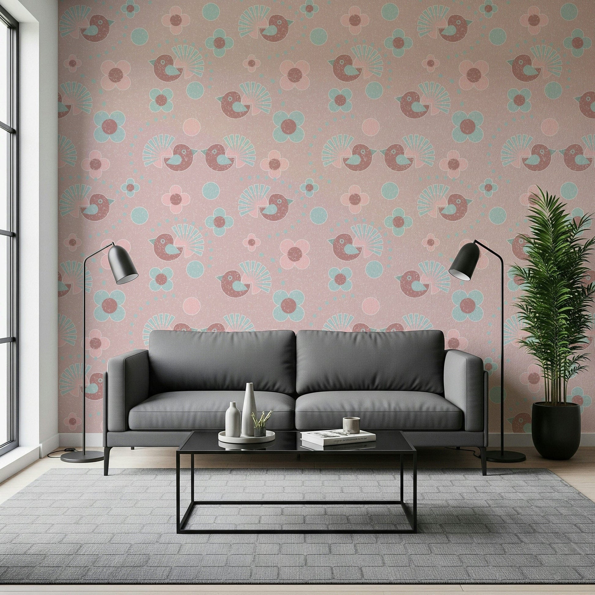 A charming Floral Wallpaper design, "Rosebird Delight," featuring sweet birds nestled in rose bushes.