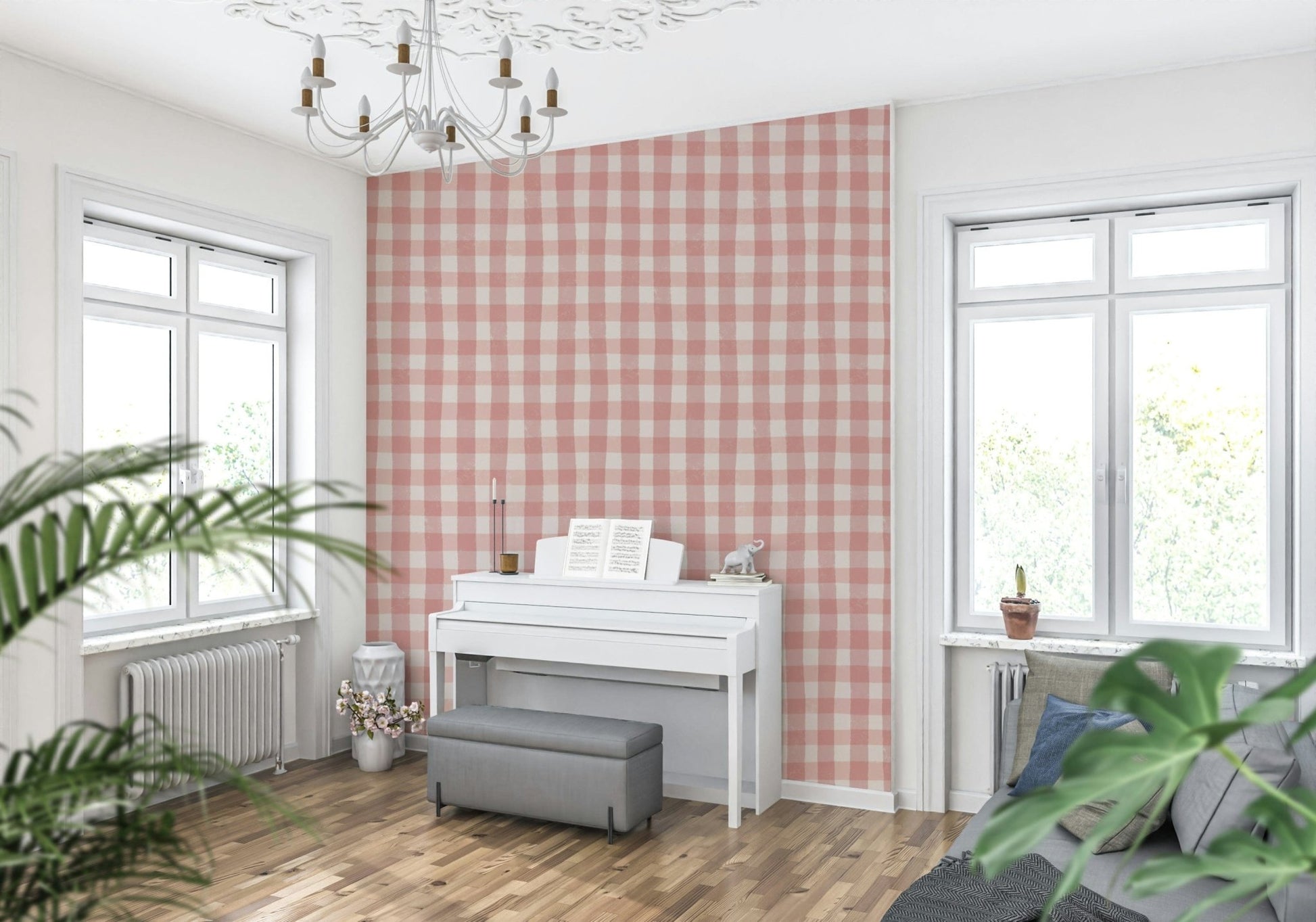 Vintage gingham wallpaper mural in a warm rosewater palette.