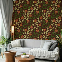 A rich and warm floral wallpaper pattern.
