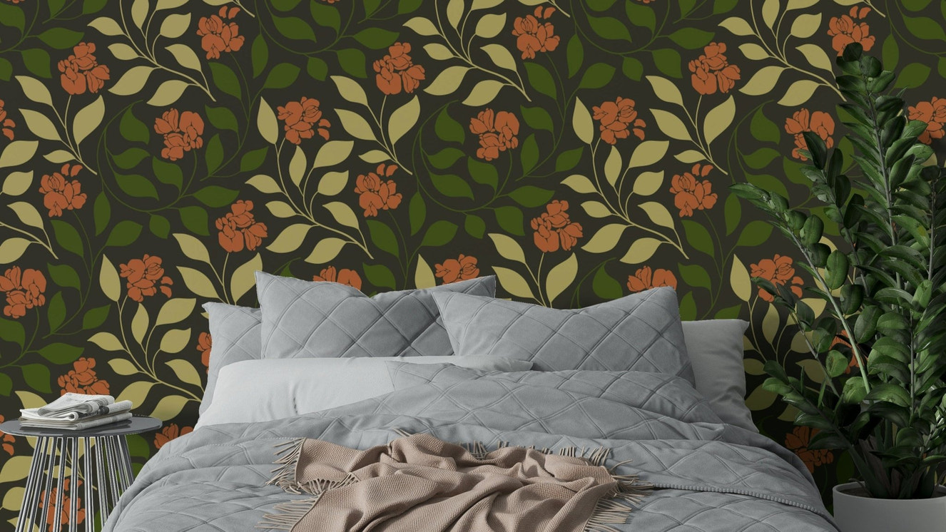 A warm and earthy floral wallpaper pattern.
