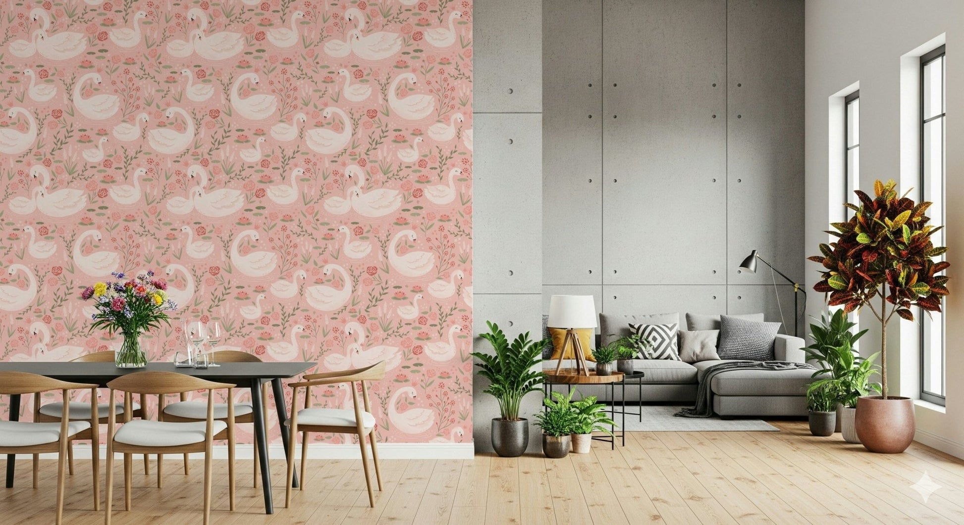 Rosy Swan Serenity wallpaper featuring graceful swans surrounded by soft pink hues.