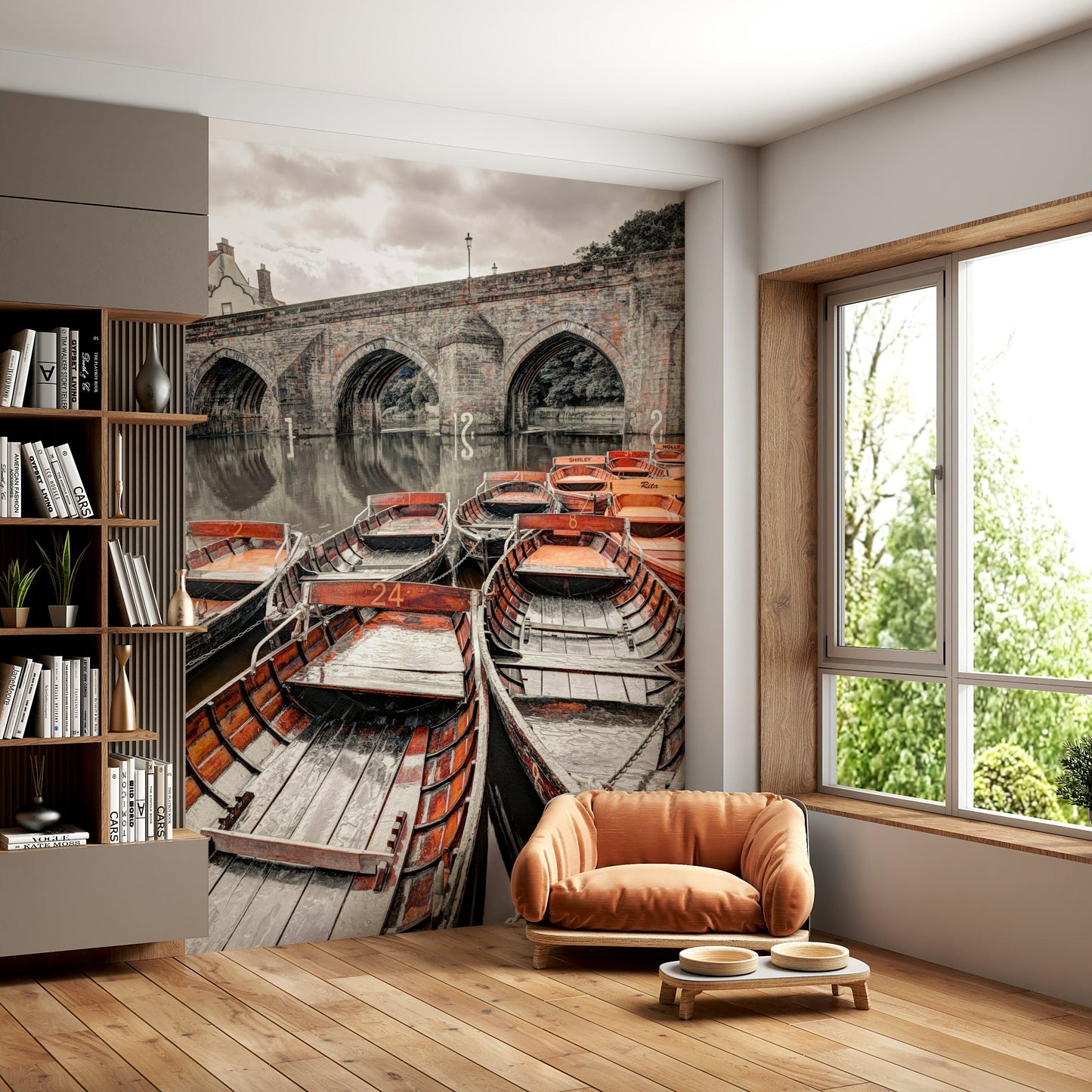 Lined Rowing vessels wallpaper mural, stone bridge arches, tranquil river flow.