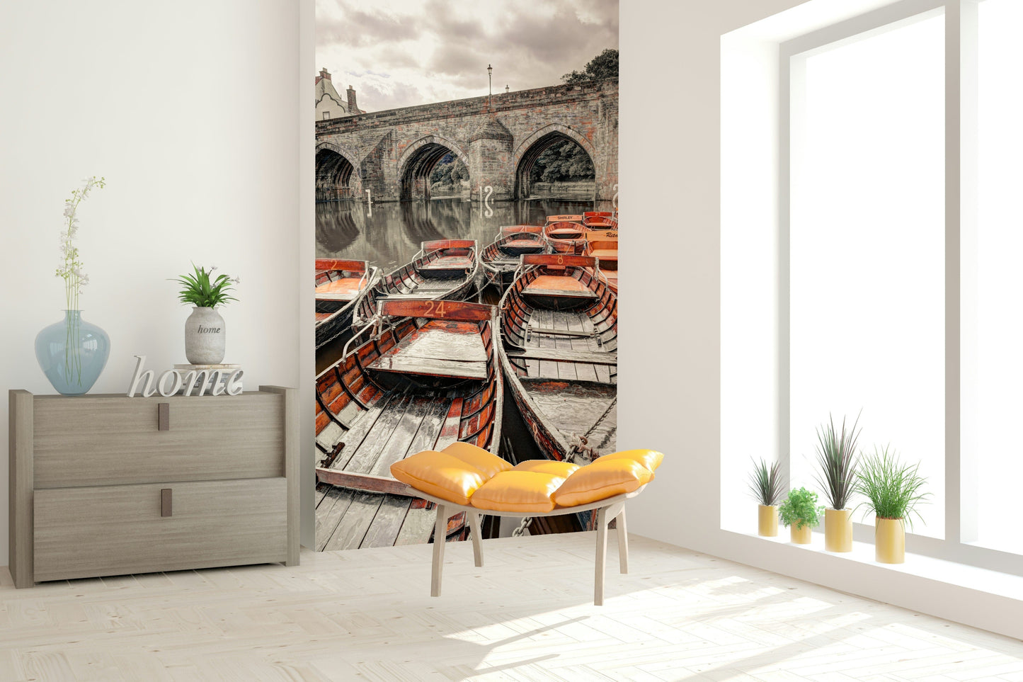 Charming Boat dock wallpaper, old stone viaduct, calm water reflection.