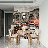 Group of classic Rowing Boat wallpaper, medieval stone arches, peaceful river view.