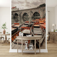 Rustic wooden Boat wallpaper for walls, historic bridge backdrop, gentle waters.
