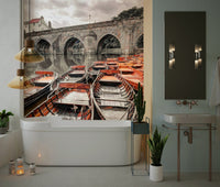 Sepia-toned Rowing Boat wall art, classic river setting, weathered texture.