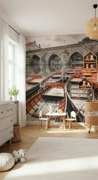 Scenic river Rowing Boats print, weathered wood hulls, ancient bridge design.