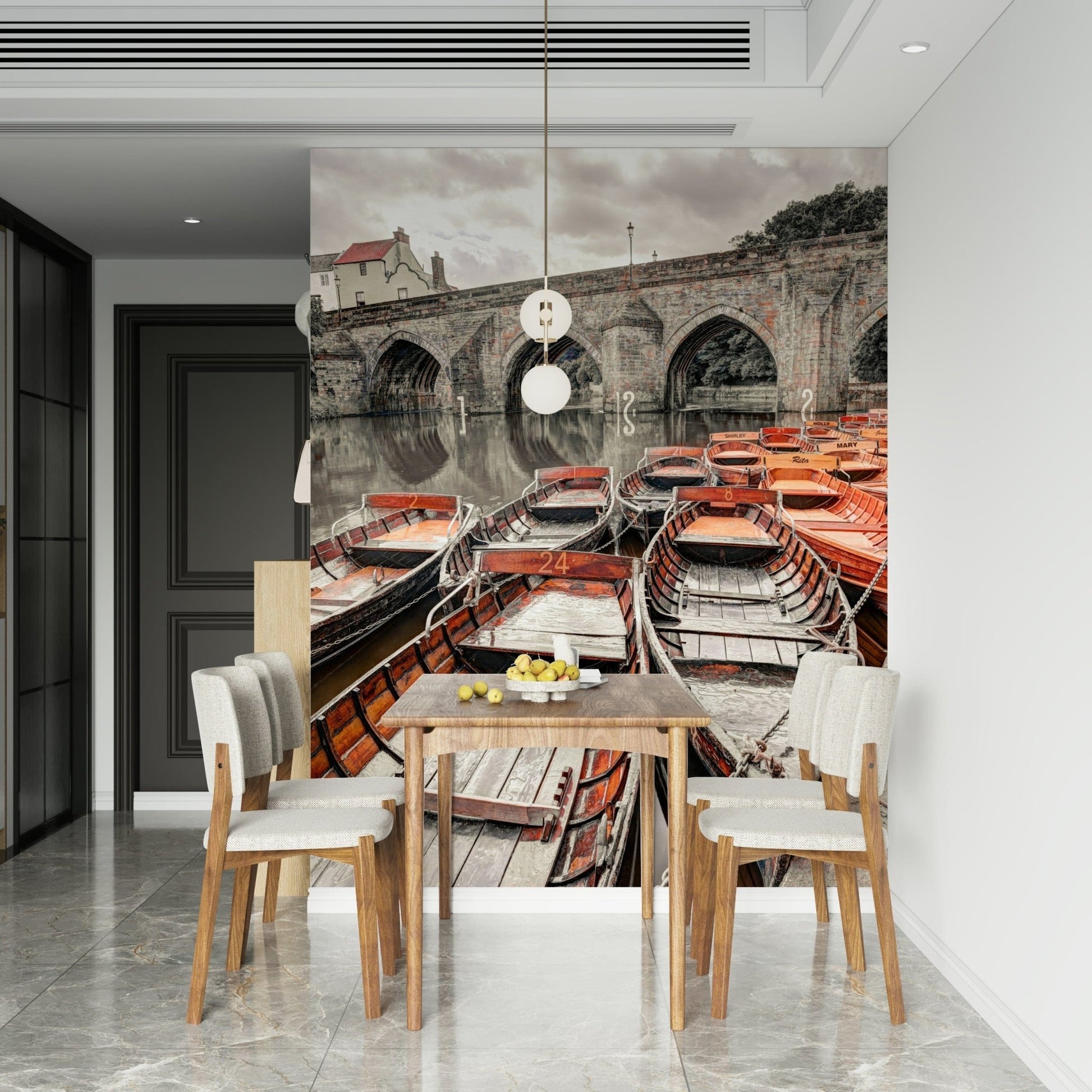 Group of classic Rowing Boat wallpaper, medieval stone arches, peaceful river view.