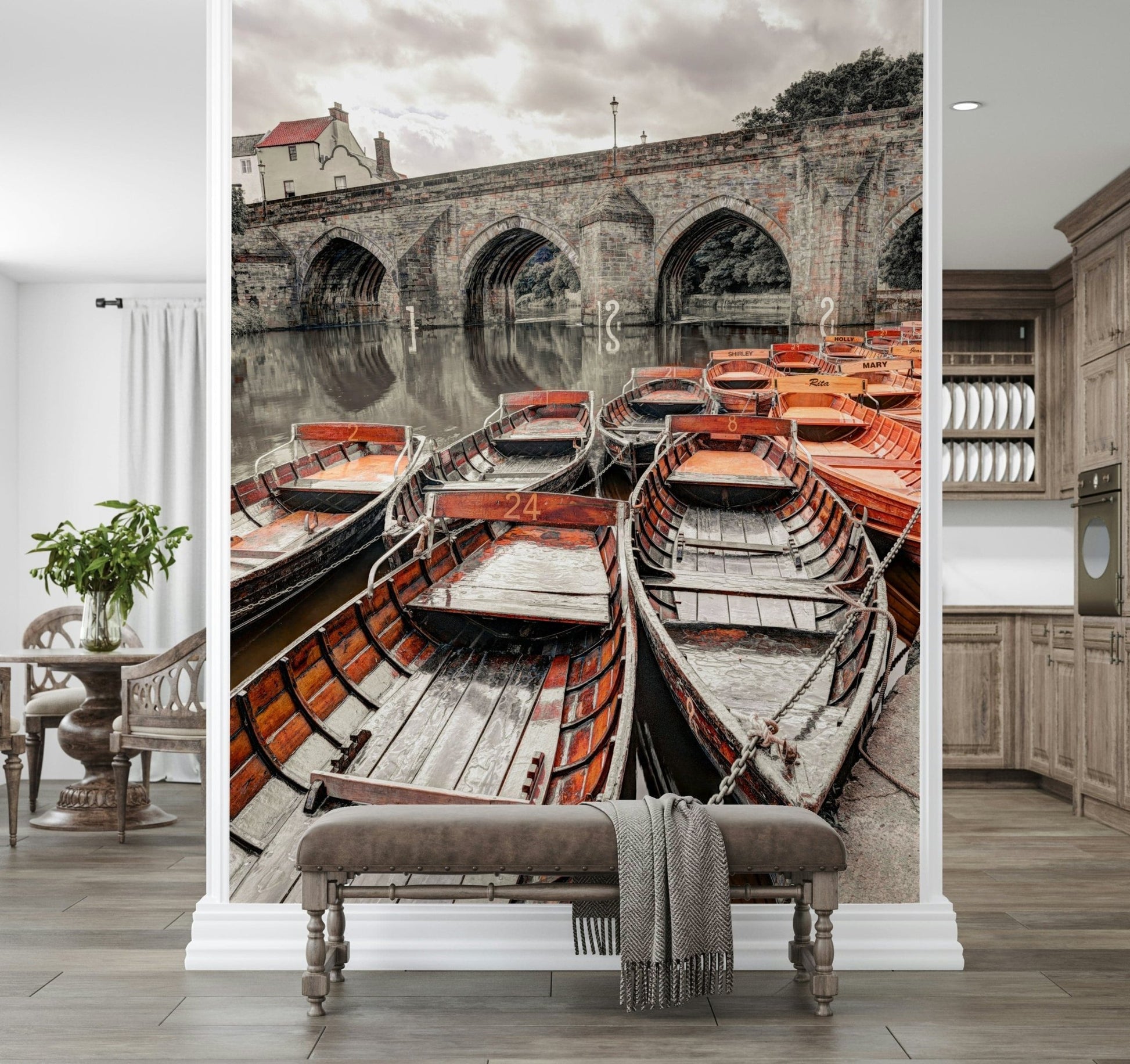 Wooden Boat reflections wallpaper, historic setting, arched bridge structure.