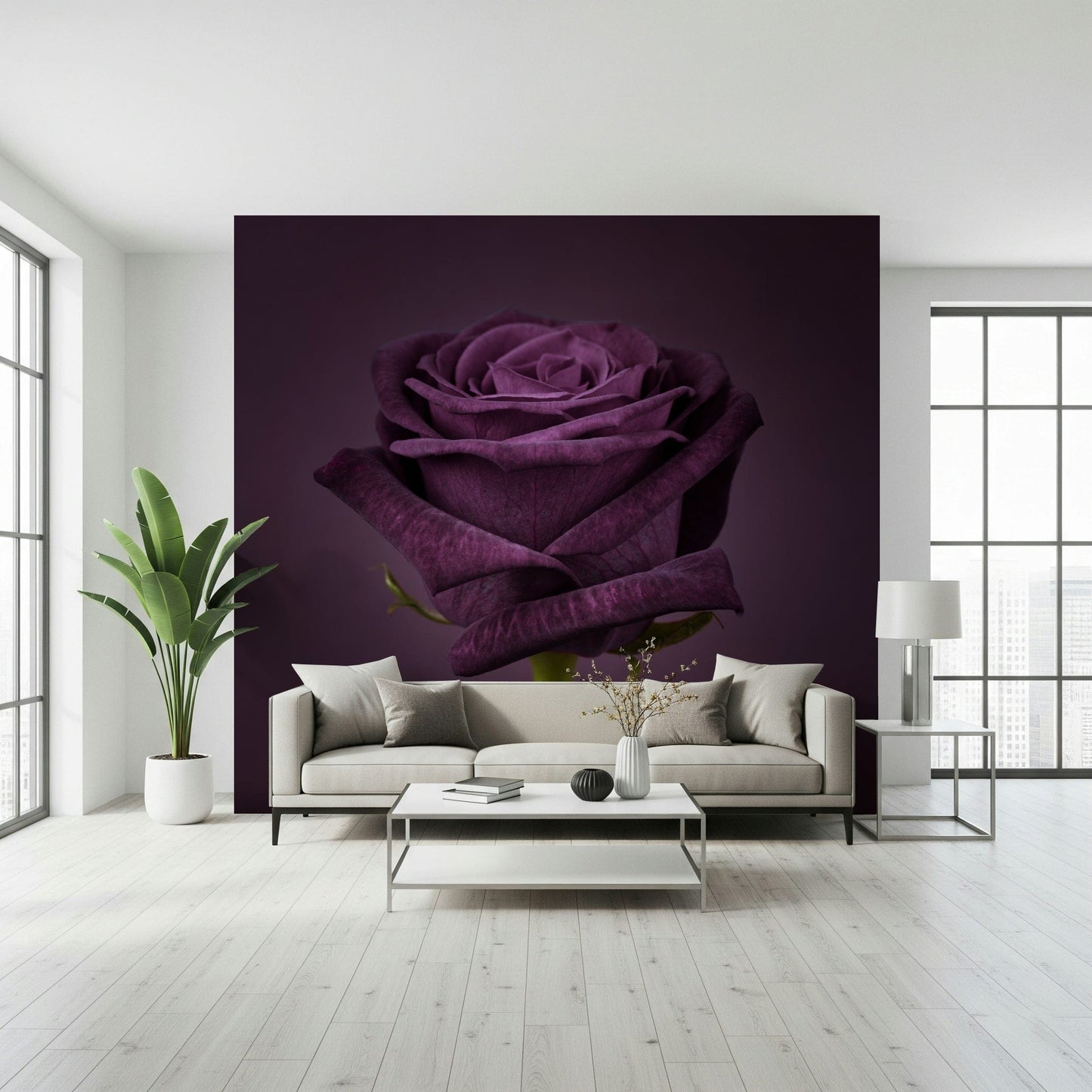 Professional office space with a sophisticated regal wall mural and dark wood desk.