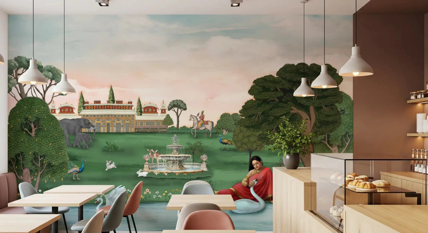 Royal Garden Serenity wall mural with animals and greenery
