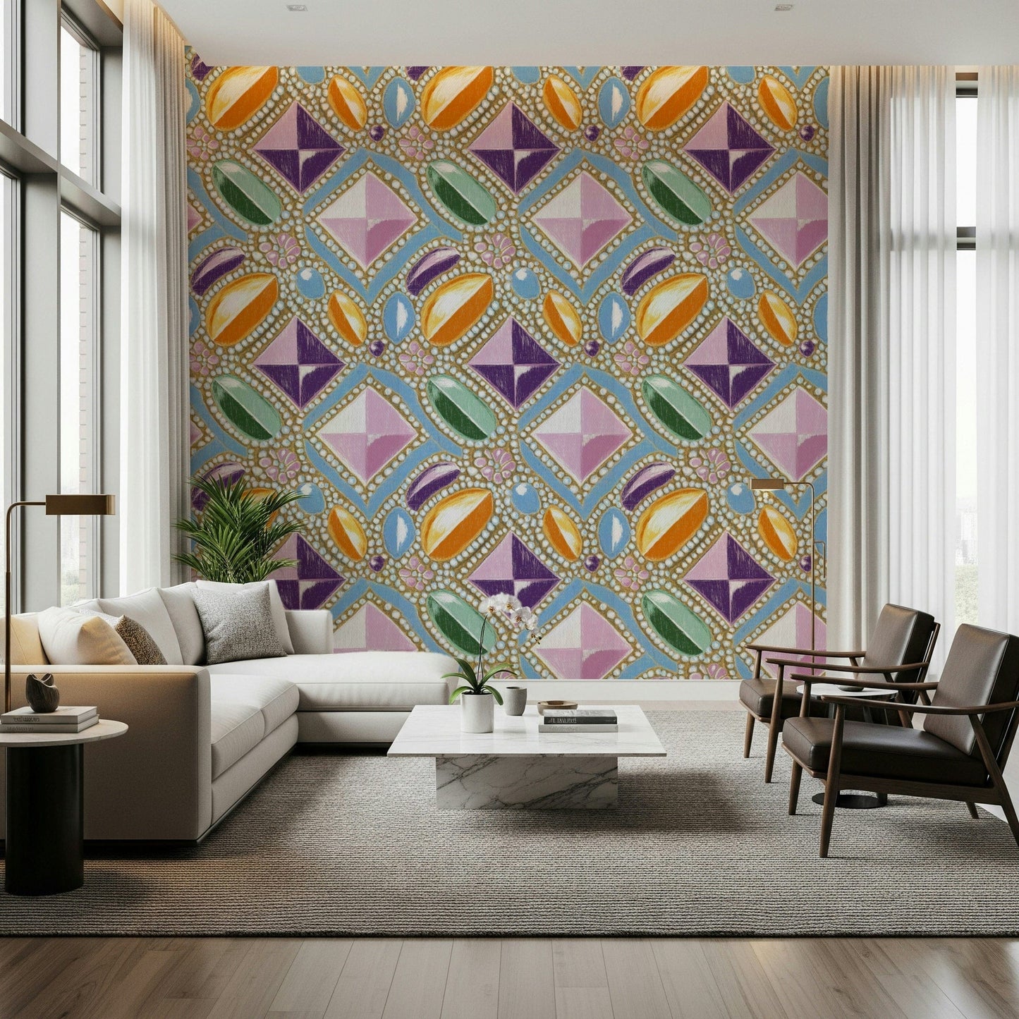 Royal Gemstone Pattern Wallpaper – Luxurious wallpaper featuring pastel pink gem motifs in a delicate, elegant arrangement.