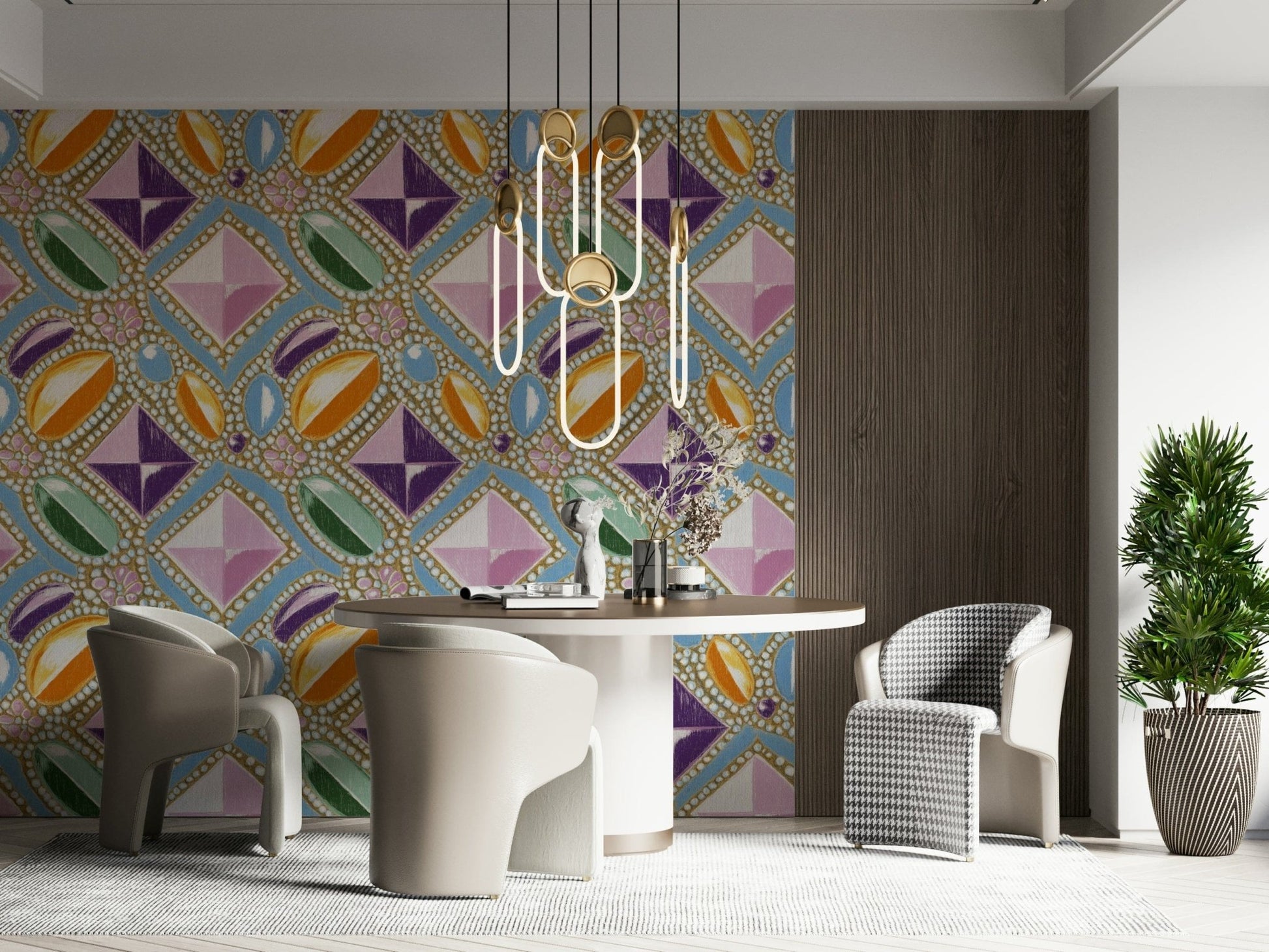 Pastel Pink Crystal Wall Mural – Modern design with abstract gemstone shapes in soft pink tones.