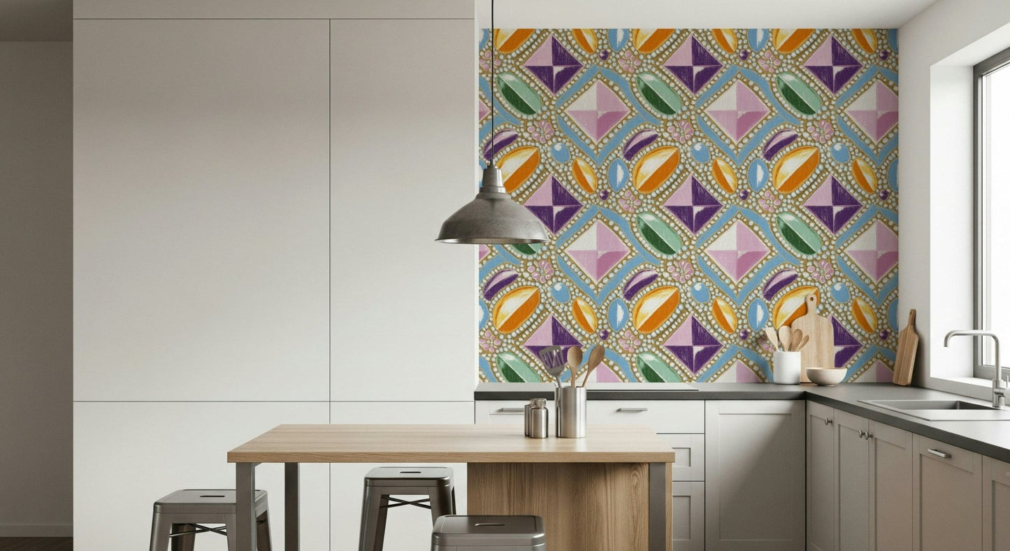 Royal Pink Pastel Gems Wall Mural – Elegant mural featuring scattered pink gemstone shapes with soft pastel shading.