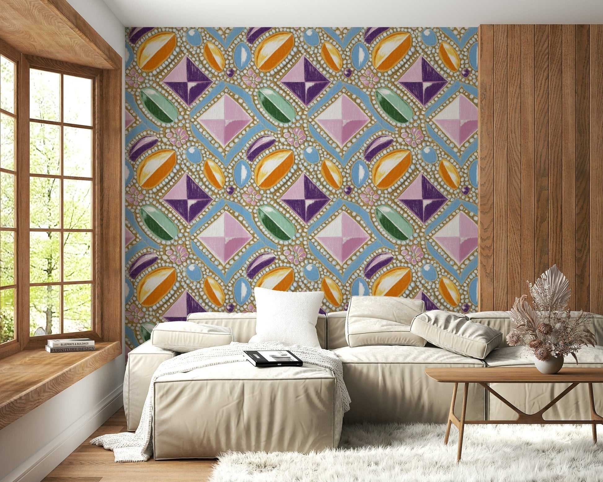 Luxury Pink Gemstone Wallpaper – Sophisticated wall design with pastel pink gemstones creating a regal, elegant aesthetic.