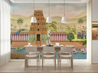 Pastoral theme wall mural with soft, traditional landscape styling