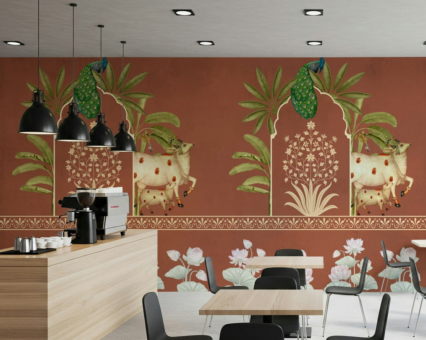 Living room feature wall with pichwai mural, intricate motifs and warm neutrals, modern furniture styling