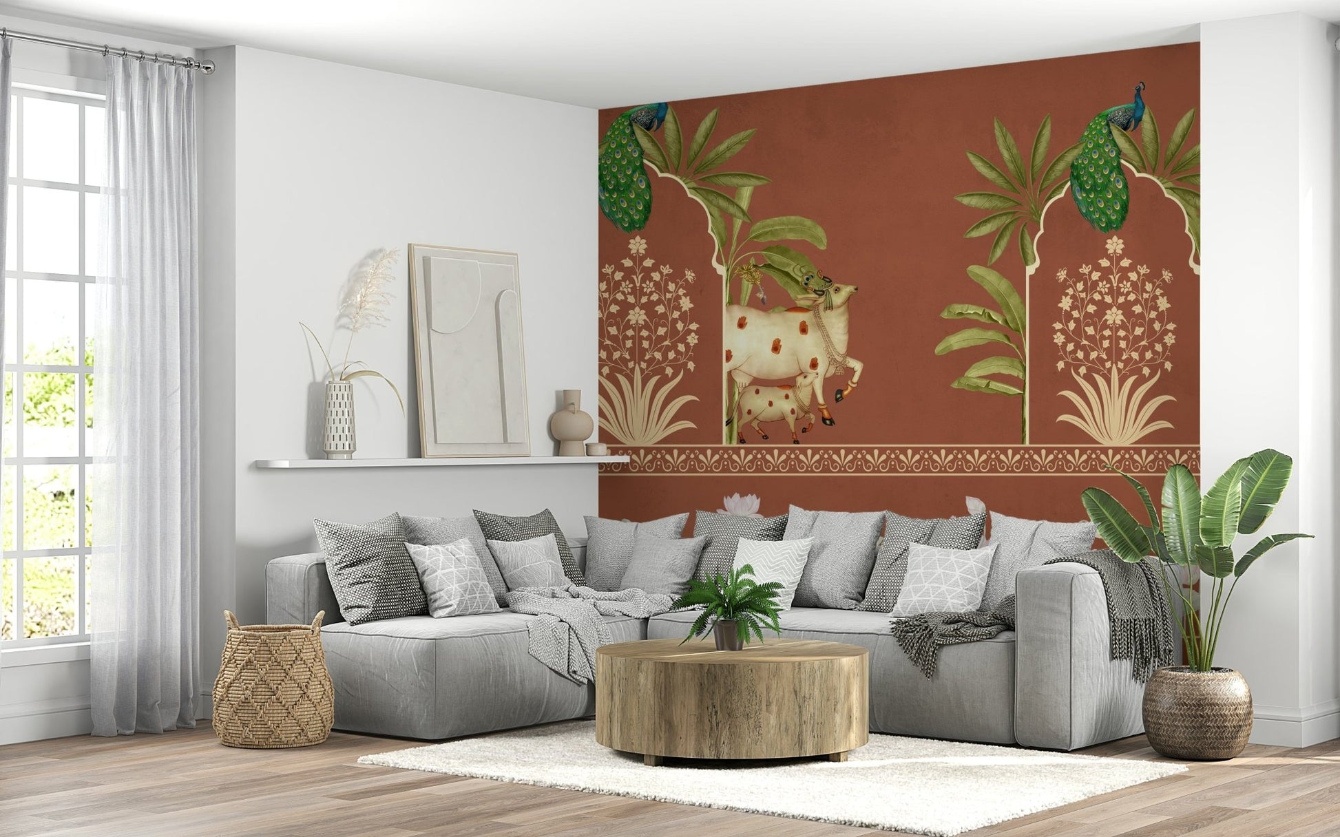 Dining area mural with pichwai-inspired design, lotus details in deep blue, modern wall decor use