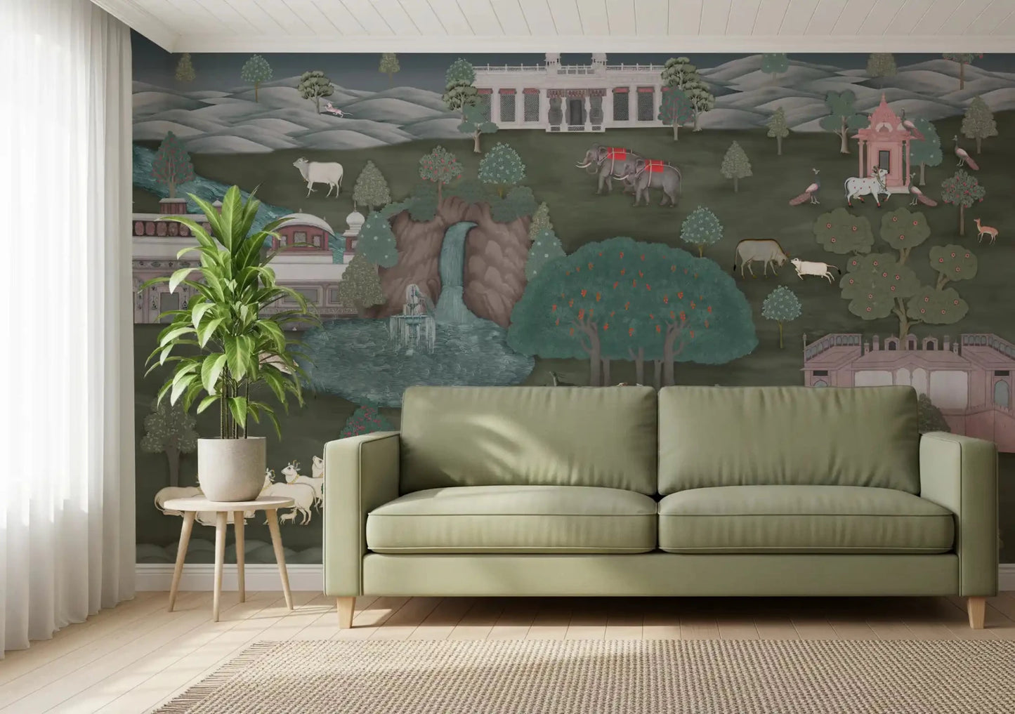 Royal Wilderness Tapestry mural showing palace and river view