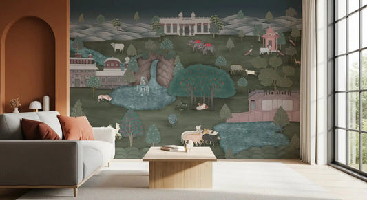 Royal Wilderness Tapestry wall mural in living room with waterfall
