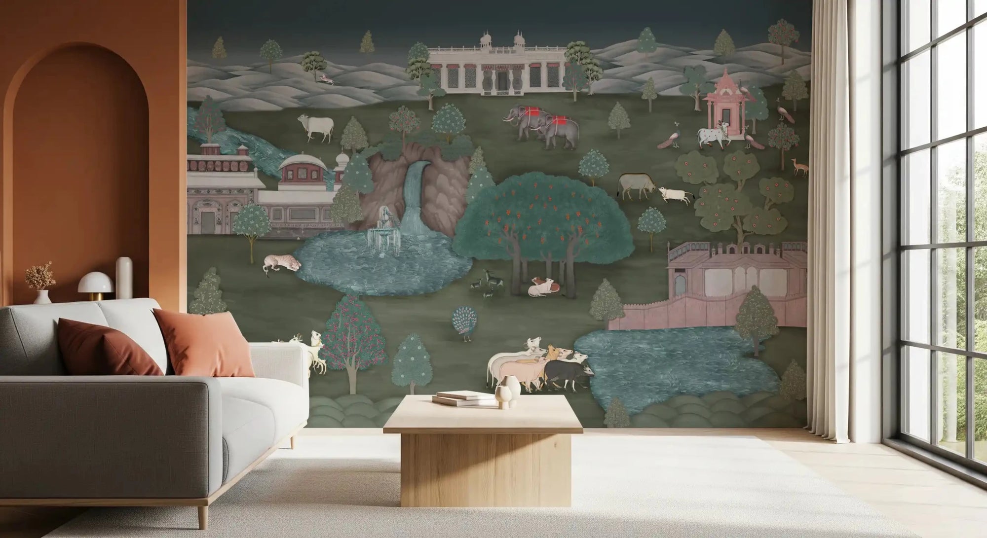 Royal Wilderness Tapestry wall mural in living room with waterfall
