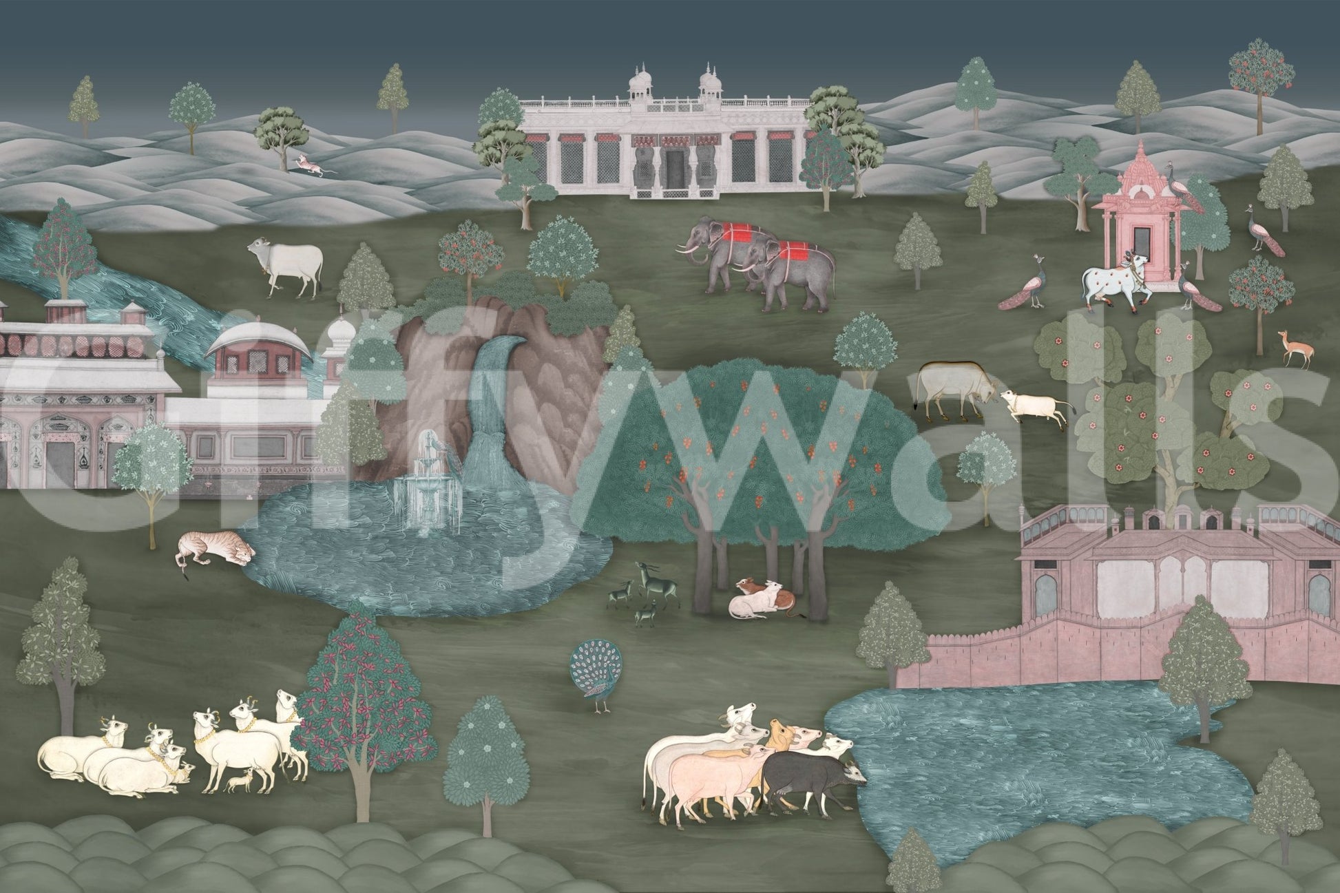 Wildlife landscape Tapestry wall mural with river and palace