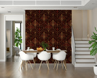 Ruby Deco Radiance wallpaper featuring bold ruby red geometric Art Deco patterns.