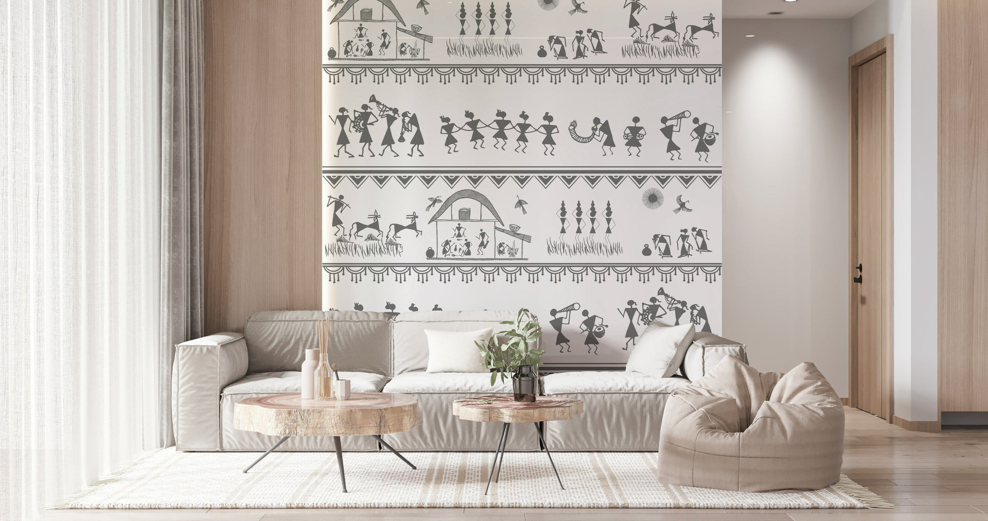 Cultural village procession illustrated on decorative wallpaper