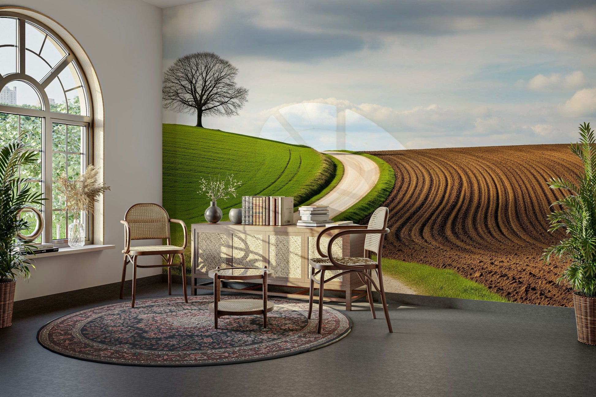 A high-angle view of the wall mural in a large space.