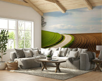 A minimalist interior with the scenic rural wallpaper.