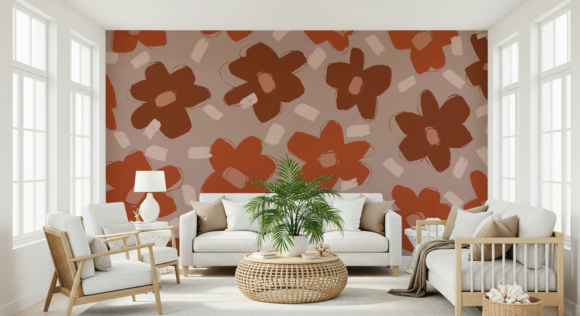 A peaceful flower design mural on decorative wallpaper.

